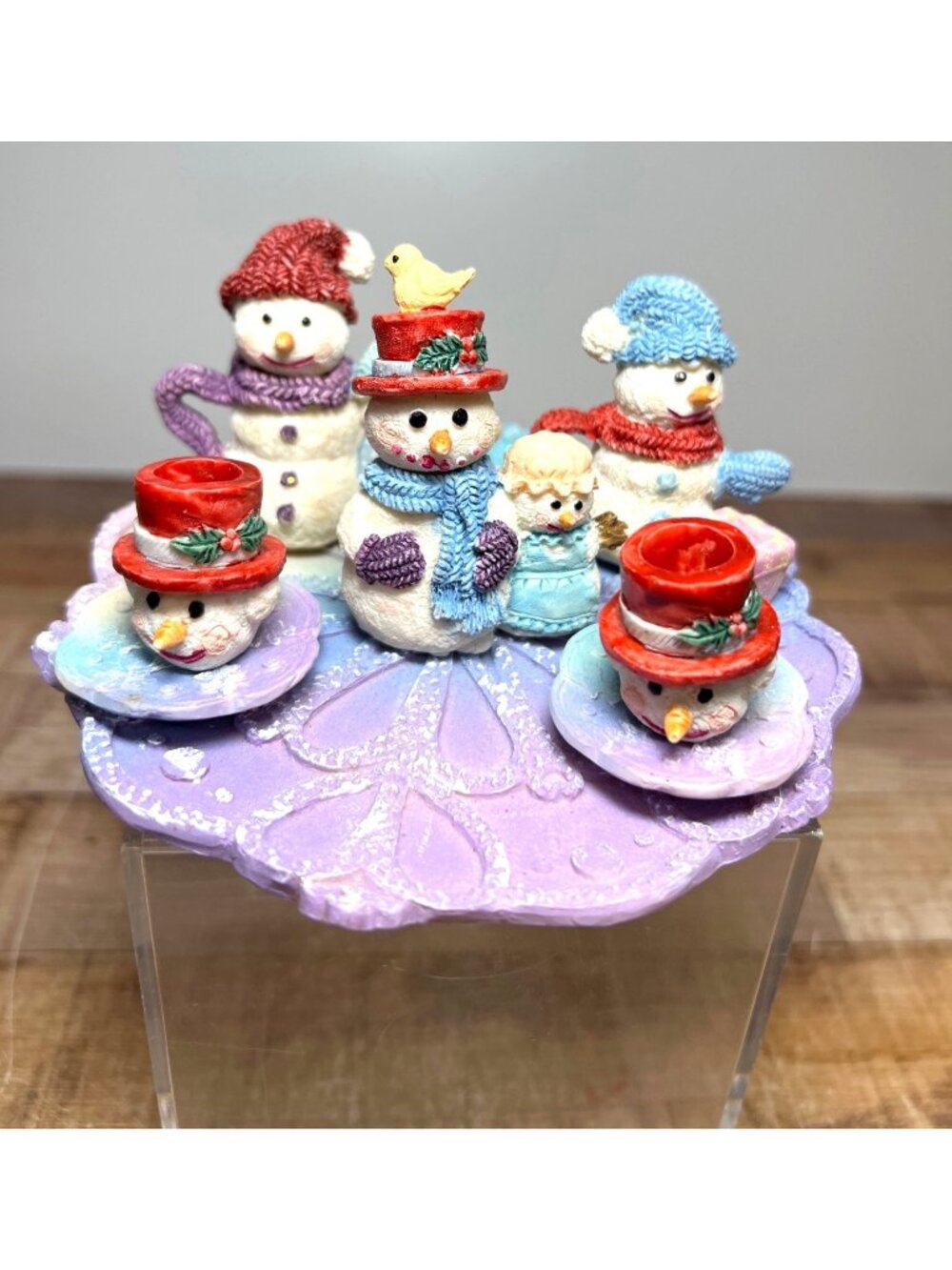Snowman Family Figurine Set With Tea Party Scene On Purple Base - Picture 2 of 4